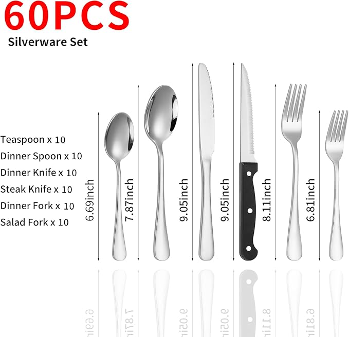 60-Piece Silverware Set with Steak Knives Stainless Steel Flatware Set for 10 Food Grade Tableware Cutlery Set Rust-proof, Mirror Polished, Dishwasher Safe