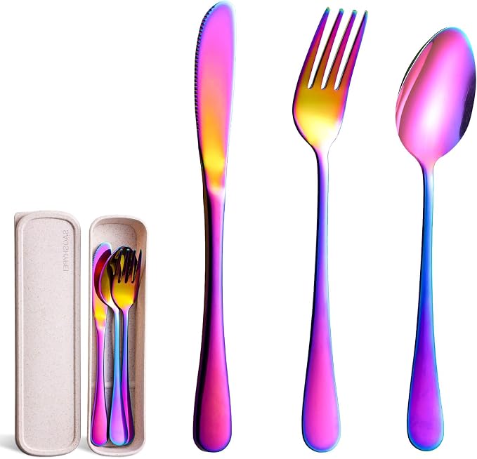 SAOSHYPEI Travel Utensils with Case, 4-Piece Stainless Steel Set, Rainbow | Colorful reusable fork, spoon and knife set for work lunch, school, picnic and travel; portable case, dishwasher safe.