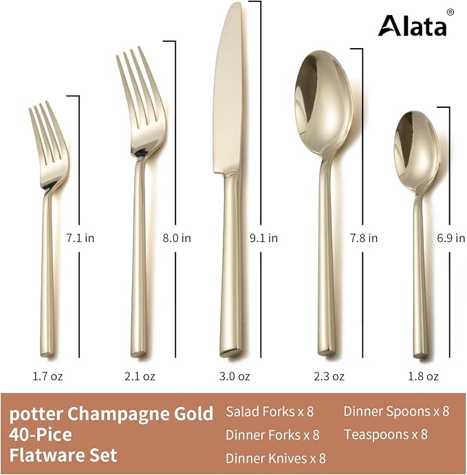 Alata Potter Champagne Gold 40-Piece Forged Silverware Set, Service for 8, Stainless Steel Flatware Set, Modern Design with Mirror Finish, Ideal for Home, Kitchen, Party, Camping