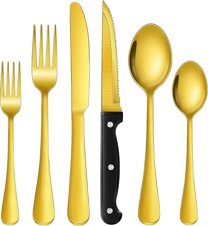 24-Piece Gold Silverware Set with Steak Knives Black Stainless Steel Flatware Set for 4 Food Grade Tableware Cutlery Set Rust-proof, Mirror Polished, Dishwasher Safe