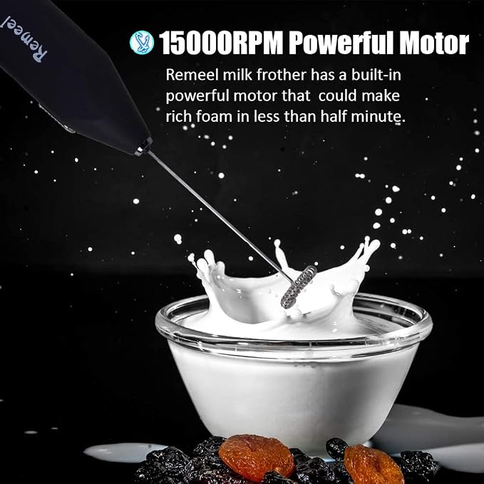 Handheld Milk Frother with Stainless Steel Whisk, Portable and Powerful Foam Maker for Morning Coffee, Latte, Cappuccino, Hot Chocolate (Black)