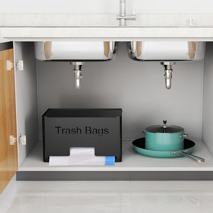 STWWO Large Trash Bag Holder Dispenser | Metal Garbage Bag Dispenser Roll Holder, Kitchen Trash Storage Organizer for Under Sink, Wall Mounted or Freestanding, Black