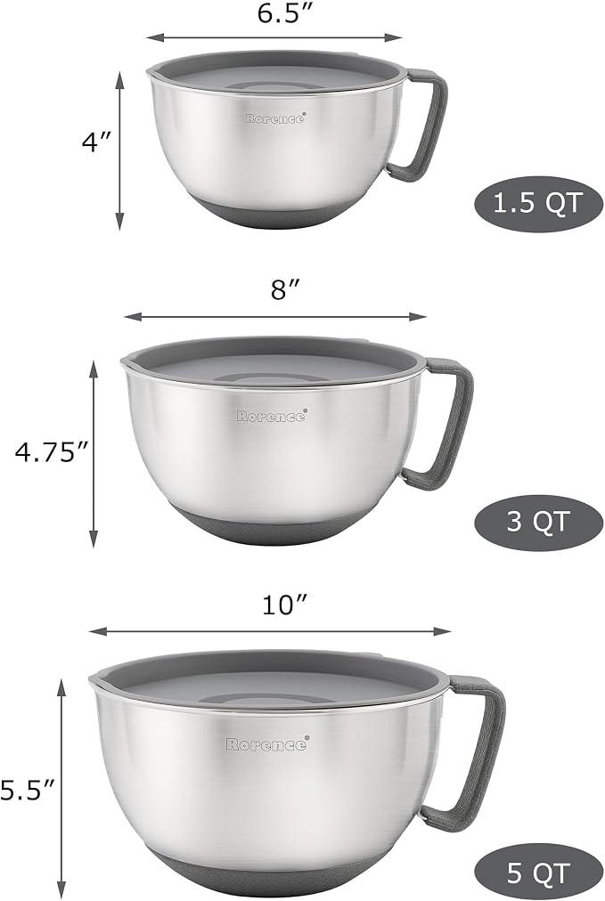 Stainless Steel Mixing Bowls Set with Lids,1.5,3 & 5 Qt,Gray | Non-Slip Silicone Base,Precision Pour Spout,Ergonomic Easy-Grip Handle,Measurement Marks,Airtight Lids,Cooking & Meal Prep