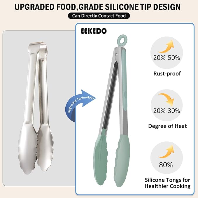Tongs for Cooking, 600ºF High Heat-Resistant Stainless Steel Kitchen Tongs with Silicone Tips, Non Scratch, Locking Tong for BBQ Grilling Air Fryer Food Salads, Set of 2 (9" and 12") Sage Green