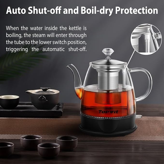 Topwit 1L Glass Electric Kettle, Gooseneck Electric Tea Kettle, BPA-free | Removable Stainless Steel Tea Infuser, Auto-Shut Off, Boil-Dry Protection, Dual-Purpose For Hot Water, Tea & Coffee, Black
