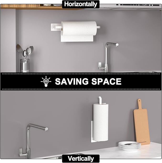 Paper Towel Holder Under Cabinet, Self-Adhesive or Drilling, White | Kitchen Roll Dispenser | Under-Cabinet or Wall-Mounted | Upgraded Aluminum | Lighter Yet Stronger Than Stainless Steel