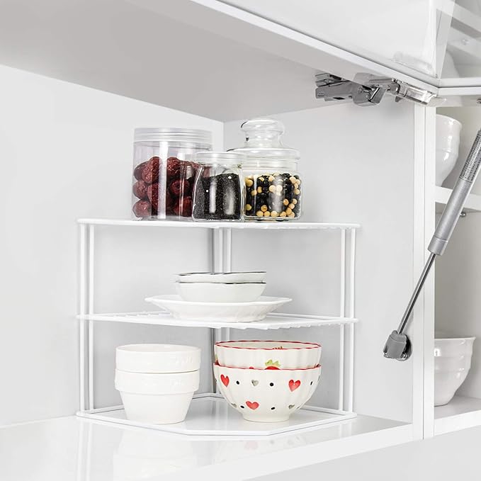 ROFAY Kitchen Cupboard Organiser, 3 Tier White Corner Plate Rack for Kitchen Cupboard Storage - Cupboard Shelf Insert Organiser (Pack of 2)