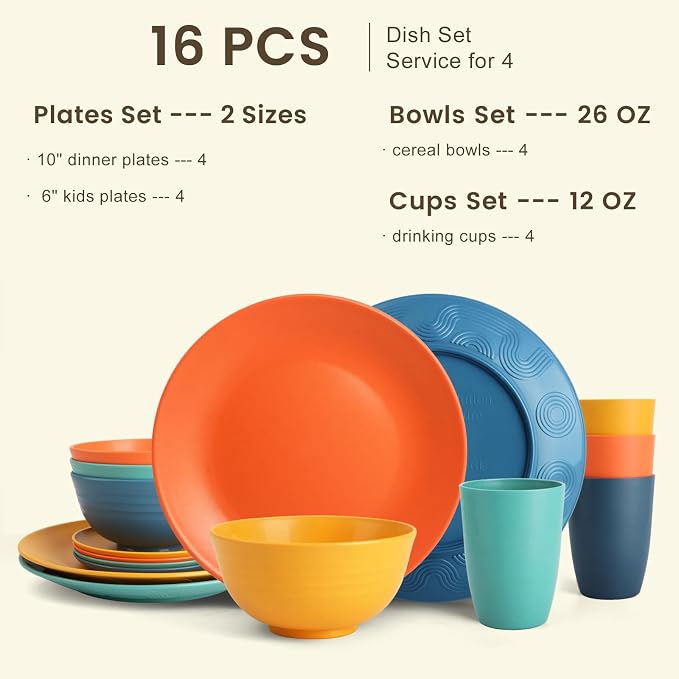 Dish Set Wheat Straw Dinnerware Sets Unbreakable Reusable Dinnerware Set 16 PCS Cups Plates and Bowls Sets, Microwave and Dishwasher Safe Dishes for Camping, Outdoor - Colorful