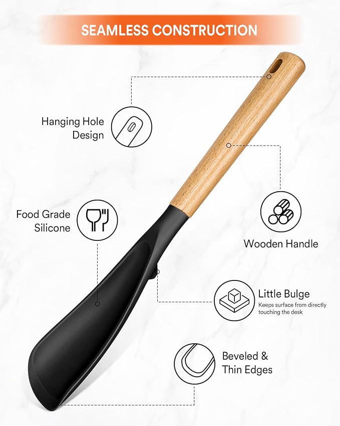 Multifunction Spoon for Nonstick Cookwares, Great for Cooking and Serving, Sturdy BPA-Free Matte Silicone, Wood Handle Spoonula for Mixing, Scoop, and Scrape, Black(2 pack,11.4" & 13.4")