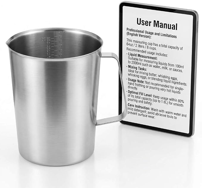 QWORK 304 Stainless Steel Measuring Cup 64 OZ with OZ/ML Graduations, 8 Cup Kitchen Mixing Pitcher, Precision Engraved Markings, Container for Baking and Frothing, 2 Liter