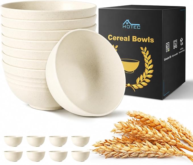 HOTEC Unbreakable Wheat Straw Cereal Bowls - Microwave & Dishwasher Safe Soup and Salad Bowls BPA Free, Set of 8, 26oz, Off-White
