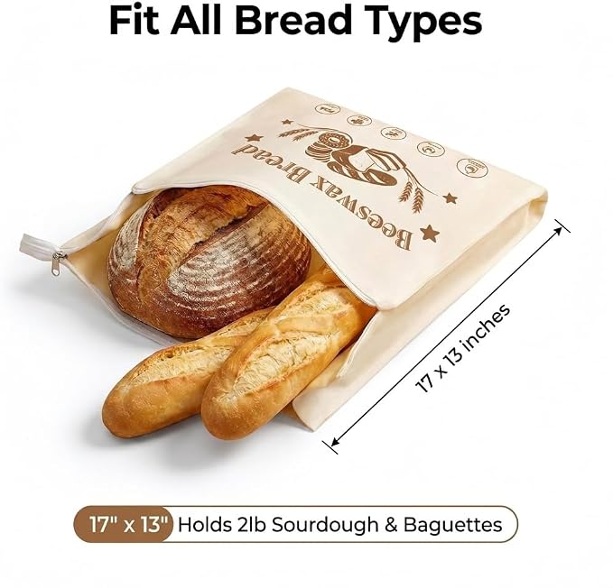 Beeswax Sourdough Bread Bags for Homemade Bread (2 Pack) | Premium Double Layer Reusable Linen Bread Storage Bag 17 x 12.6 IN
