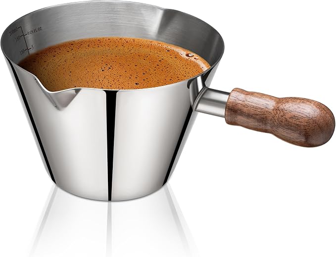 Amrules 6.8oz Espresso Measuring Cup with Wood Handle & Double Spout,Silver | 18/8 Stainless Steel & Wood Handle, V-Shaped Spout for Precision Pouring, Clear Scale Markings, for Coffee, Milk, Tea & Syrup