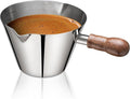 Amrules 6.8oz Espresso Measuring Cup with Wood Handle & Double Spout,Silver | 18/8 Stainless Steel & Wood Handle, V-Shaped Spout for Precision Pouring, Clear Scale Markings, for Coffee, Milk, Tea & Syrup
