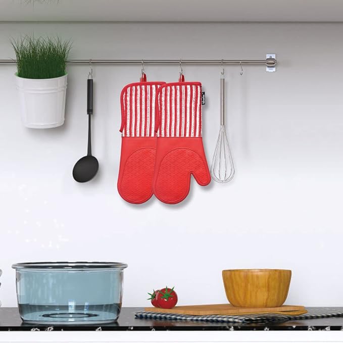 Alselo Silicone Oven Mitts Heat Resistant 932℉ with Waterproof & Non-Slip | Kitchen Mittens Set of 2,Extra Long 7.5"x15" Oven Gloves with Soft Cotton Terry Lining for Baking Cooking BBQ(Red,2)