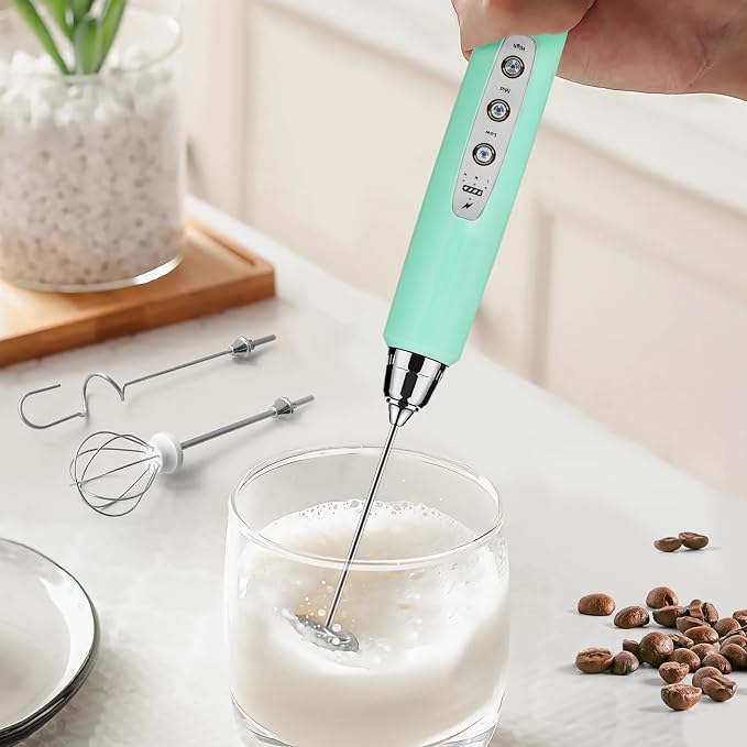 Milk Frother Wand Rechargeable Handheld Electric Whisk 3 Speed Adjustable | Coffee Frother Wand with 3 Stainless Whisks Electric Foam Maker Drink Mixer Blender for Latte Cappuccino Matcha Egg