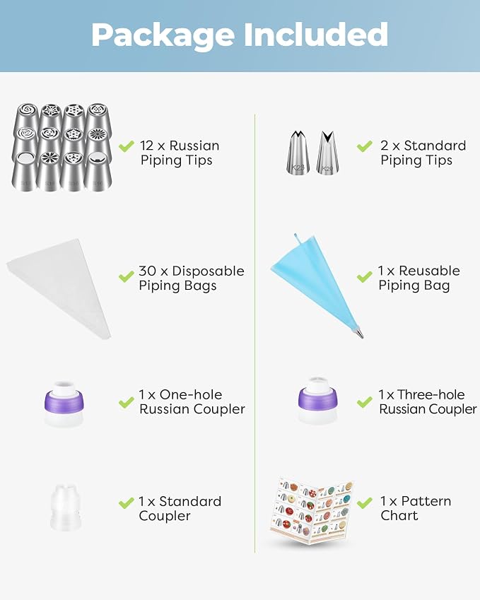Kootek 48 Russian Piping Tips Set Frosting Piping Kit for Beginners & Pros | Piping Bags and Tips Set, Cake Decoarting Supplies Kit, 12+2 Piping Tip, 30+1 Pastry Bags, for Cupcake Cookie Cake Decorating