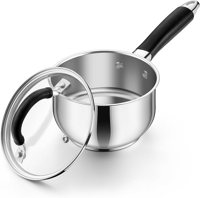 P&P CHEF 1 Quart Stainless Steel Sauce Pan Pot with Lid, Small Saucepan | For Induction Cooking & Multi Stoves, Multipurpose Pot with Visible Glass Lid & Silicone Handle, Rust Free & Dishwasher Use