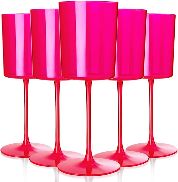 Ciaell 12 Pack Hot Pink Plastic Wine Glasses for Weddings Parties | 10 oz Hot Pink Stemmed Cups, Heavy Duty Plastic, Wine Champagne Cocktails Beverages for Anniversaries Birthdays Bars