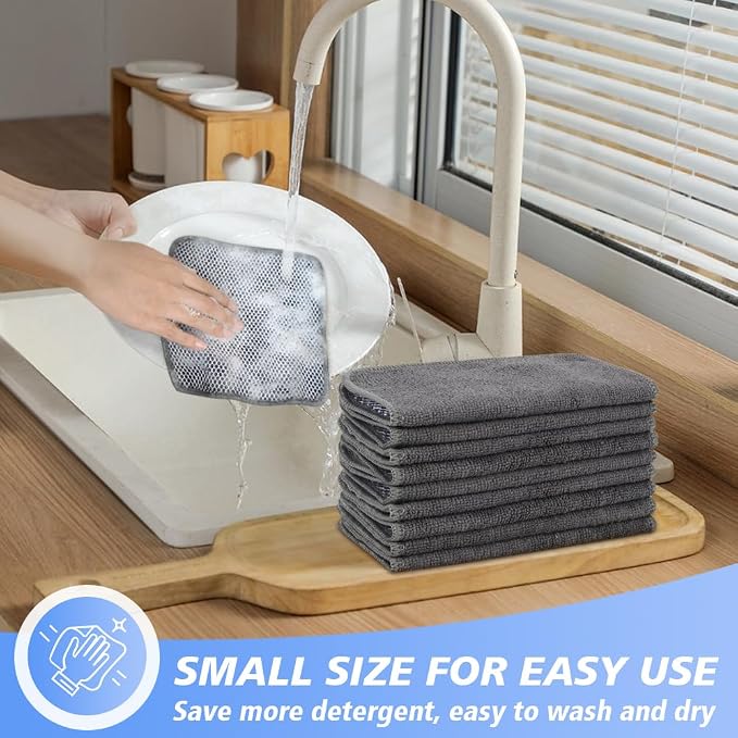 Dish Cloths for Washing Dishes with Scrub Side, Microfiber Dish Rags | Dual-sided microfiber dish cloths with scrubber for stuck-on food, quick dry kitchen washcloths 9 Pack, 7" x 7 Inch Gray