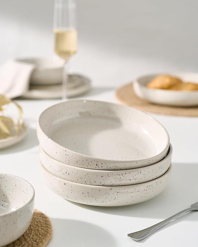 famiware Milkyway 33 oz Pasta Bowls Set of 8, Creamy White | Double Reactive Glaze, Scratch-Resistant Stoneware Salad Bowls, Stackable, Dishwasher & Microwave Safe, Lead-Free