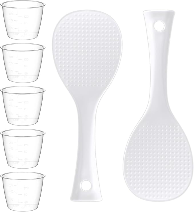 5 Pack Plastic Rice Measuring Cups, 160 ml Measuring Cup for Rice Cooker, Rice Cup Replacement, Heat Resistant Non Stick, with 2 Pack Rice Paddle Rice, Kitchen Supplies, Dog Cat Food Measuring