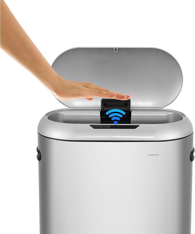 happimess 13.2 Gal Oval Motion Sensor Trash Can, Platinum Silver | Oval, Motion Sensor, Touch Mode, Fingerprint Resistant, Stainless Steel, Soft Close Lid, 17.7" W x 9.84" D x 24.2" H