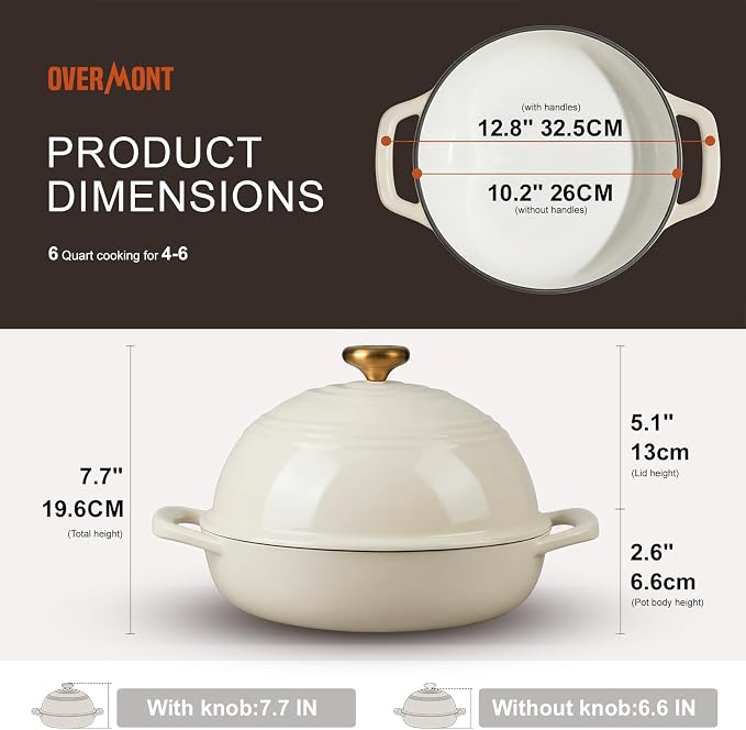 Overmont Enameled Cast Iron Dutch Oven, 6QT Bread Oven with Dome Lid Recipe | Tall Bread Pot with Potholders, for Sourdough Bread Baking Artisan Loaves, Crispy Crust & Better Oven Spring, 500°F Oven Safe