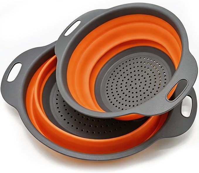 2 Pack Collapsible Silicone Colander with Handle, Over Sink Foldable Food Strainer, BPA-Free Space Saving Drain Basket for Vegetables, Fruits, Pasta, Kitchen & Camping (Orange)