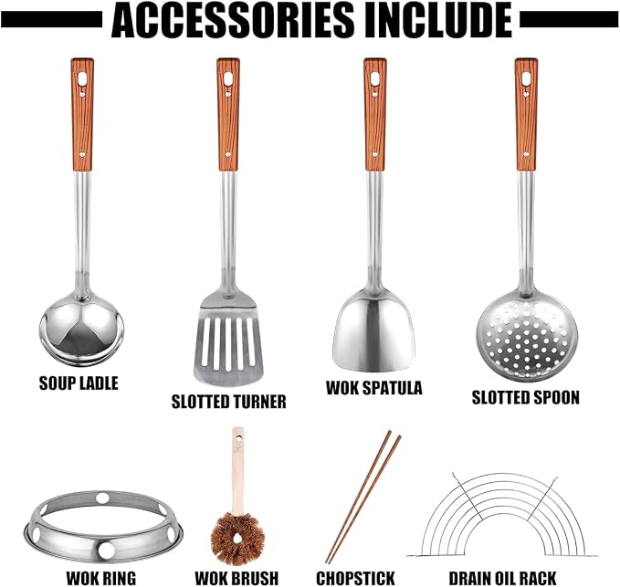 Teewe Carbon Steel Wok Traditional Hand Hammered - 13.4" Chinese Woks Round Bottom Wok Pan Set with 8 Pcs Cookware Accessories