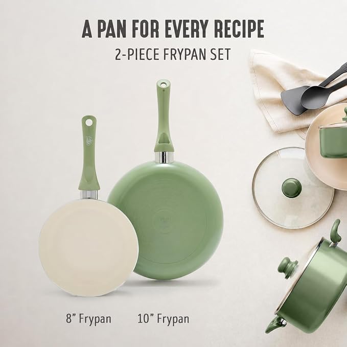GreenLife 2 Piece (8" & 10") Ceramic Nonstick Skillet Set, Sage Green | PFAS-Free Nonstick Coating, Frying Pans, Omelet Pans, Everyday Pan, Induction Ready, All Stovetop Compatible, Dishwasher Safe