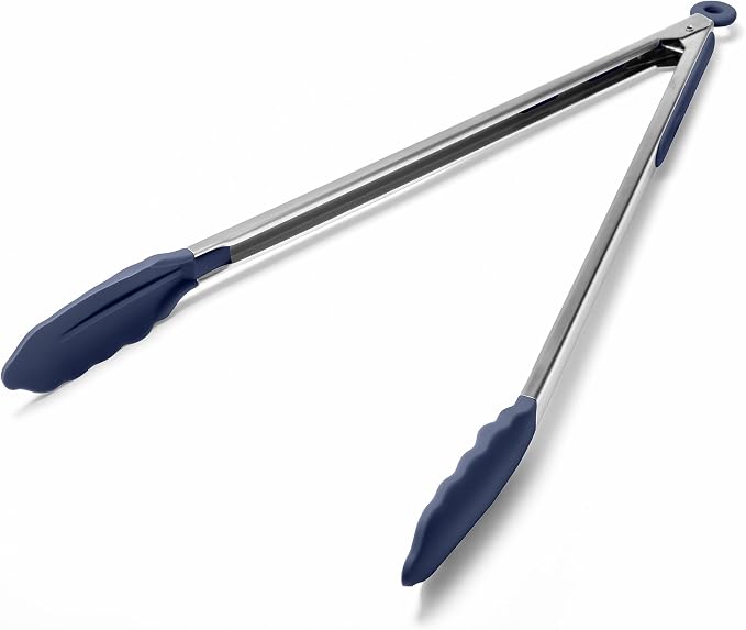 Doosu Kitchen Tongs with Silicone Tips for Cooking Serving (16in, Navy) | 600°F Heat Resistant Food Tong, Heavy Duty Stainless Steel Locking Tong for BBQ, Grilling Steak, Salad, Toast, Pasta
