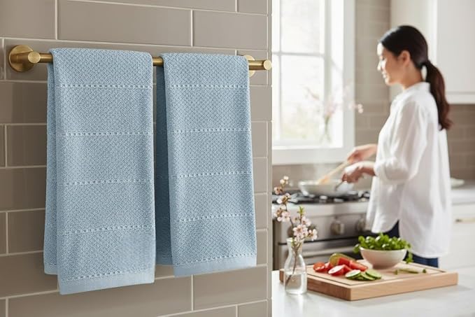 Light Baby Blue Kitchen Hand Dish Towels, Set of 3, 100% Cotton, 18" x 28" | Terry Loop Ribbed Textured, Soft & Absorbent Cleaning Cloth, Quick Dry, Multipurpose for Everyday Use