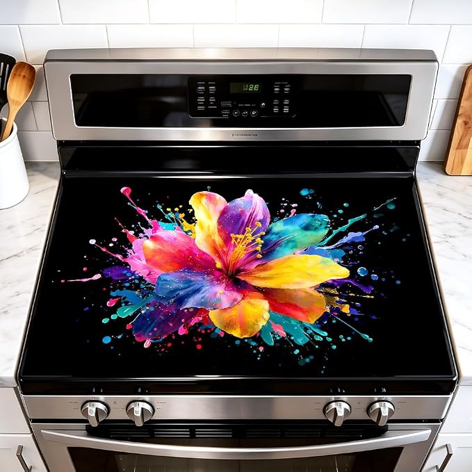 Colorful Hibiscus Watercolor Splash Stove Top Cover 28.35x20.47in | Colorful hibiscus watercolor splash stove top cover 28.35x20.47 in; floral art cooktop mat dishwasher safe machine washable