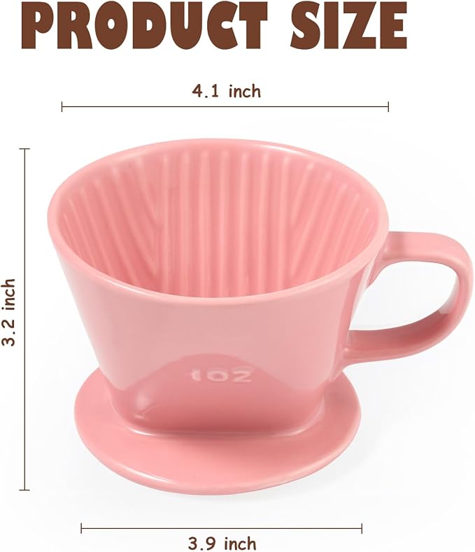 Pour Over Coffee Dripper, Ceramic Pour Over Coffee Maker, Pink | 3 Holes Flat Bottom, Easy Manual Brew Maker, Porcelain Slow Filter Cone for Travel, Camping, Office, Home