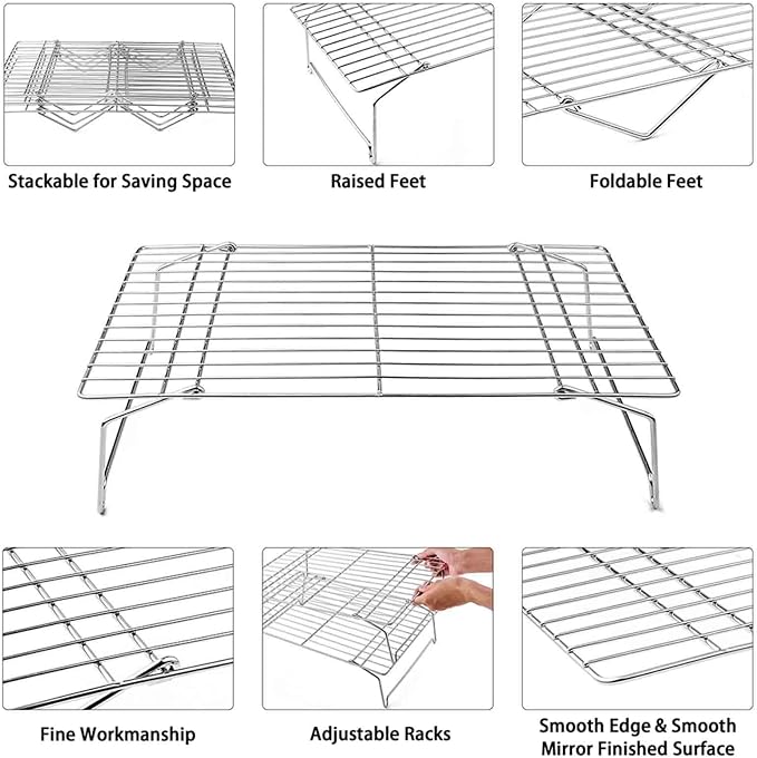 TeamFar Cooling Rack, 3 Tier 15" x 10" Stainless Steel Baking Roasting Rack | for Cookies Cake Pies Bread, Collapsible & Foldable, Healthy & Non Toxic, Oven & Dishwasher Safe