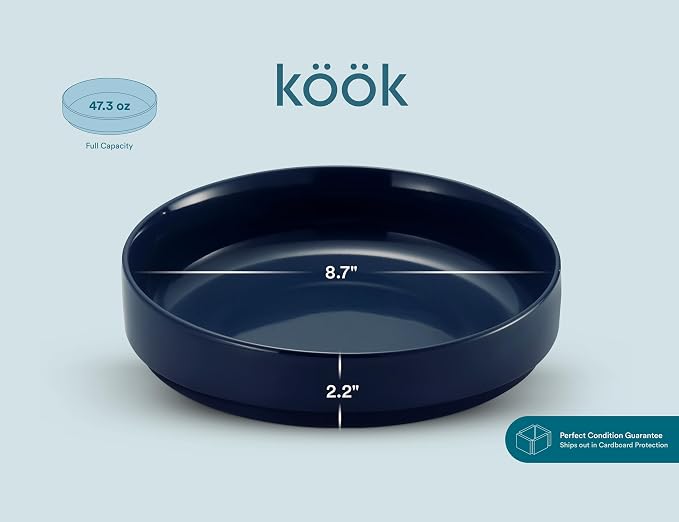 KooK Ceramic Large Pasta Bowls, Microwave and Dishwasher Safe, Great for Soups and Salads, Shallow Serving Bowls, Glossy Porcelain, 47 oz, Set of 4, Navy Blue