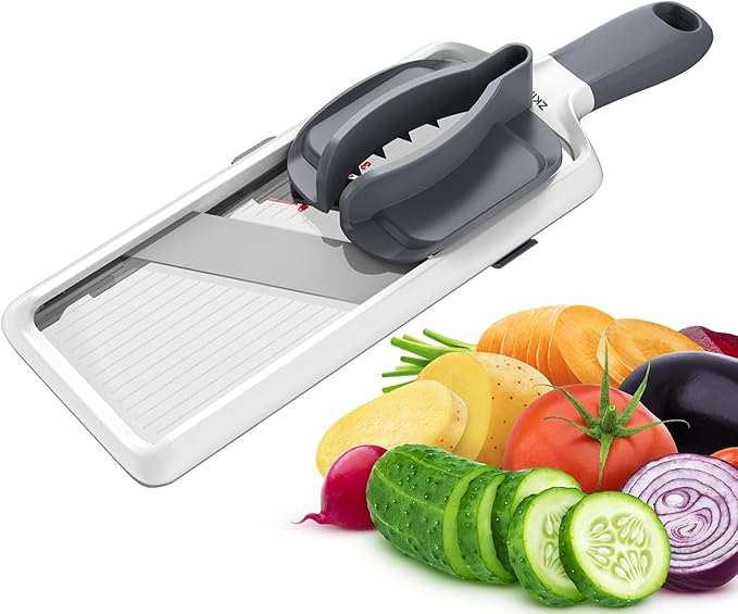 ZKIRON Adjustable Handheld Mandoline Slicer for Kitchen, Ready to Use | 1-3mm Vegetable Slicer with Grip Handle, Hand Guard and Bowl Hook for Cucumbers, Onions, Potatoes and Small-to-Medium Produce