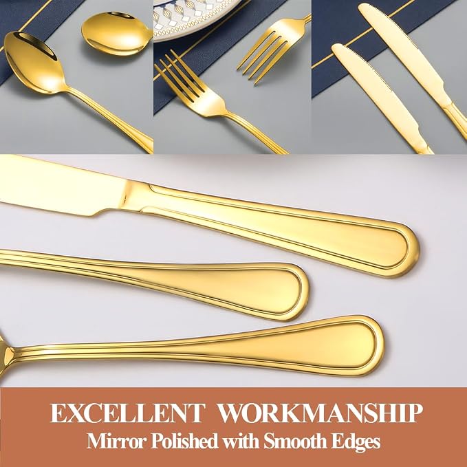 40 Pcs Gold Silverware Set for 8, Food Grade Stainless Steel Flatware Set, Eating Utensils Sets Include Fork/Knife/Spoon, Reusable Cutlery Set for Home Kitchen, Dishwasher Safe, Double-stripe