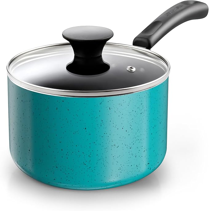 Cook N Home Basic 2 Quart Nonstick Saucepan with Glass Lid, Small Non Stick Aluminum Sauce Pan, Multi-Purpose Milk Chocolate Cooking Pot with Stay-Cool Handle, Turquoise | Nonstick Aluminum Sauce Pan, Multi-Purpose Milk Chocolate Cooking Pot with Stay-...