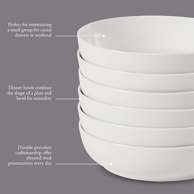 Gibson Home Zen Buffet Pasta Bowls Set of 6, 41oz Porcelain Salad Bowls and Serving Bowls, 8.5 Inch White Bowls, Dishwasher & Microwave Safe
