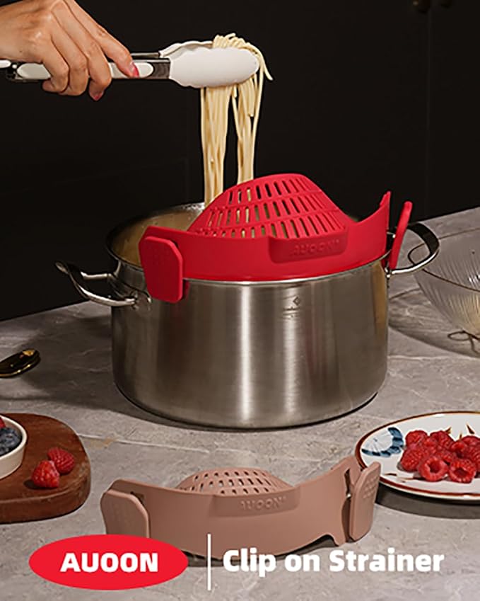 AUOON Pot Strainer Clip on Silicone, Large 10.45 x 4.33 in, Red | Fits Pots Pans Bowls, Dishwasher Safe, for Pasta Noodles Vegetable Fruits, Space-saving Kitchen Gadget