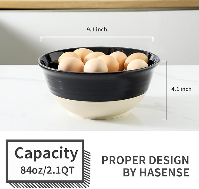 HASENSE Large Ceramic Serving Bowls Set of 2, 84 Oz 9 Inch Black & Beige Stoneware Mixing Bowls, Farmhouse Bowls for Salad, Soup, Popcorn & Baking, Dishwasher & Microwave Safe