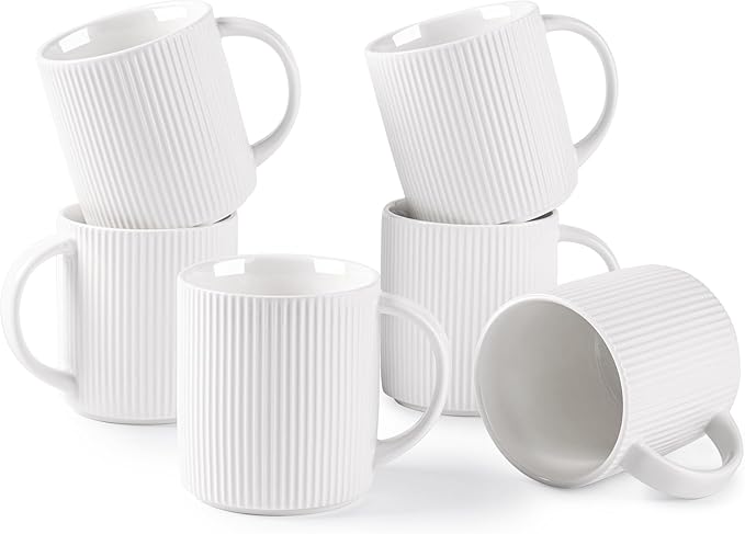theterra Ceramic Coffee Mugs Set of 6, 14.2 oz Coffee Cups with Handle | Handmade, Suitable for Latte, Tea, Milk, Beer & Hot Cocoa, Bright White