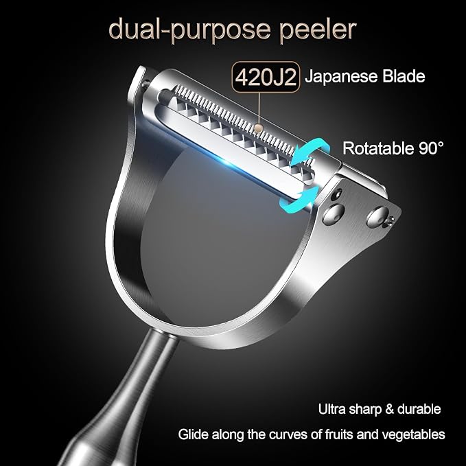 2 in1Julienne Vegetable Peeler,Stainless Steel Silver | julienne shredder tool peels and slices into julienne strips; non-slip handle, suitable for both right- and left-handed users