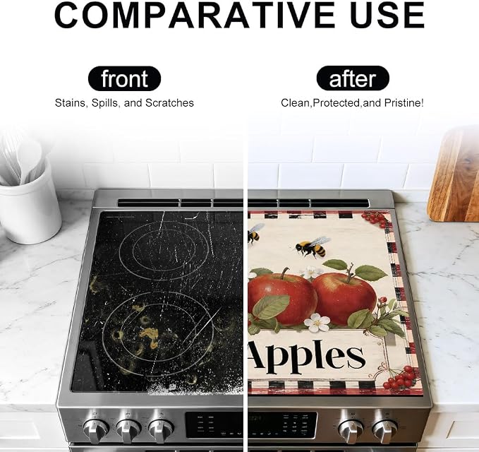 Fresh Apples Stove Top Cover, Buffalo Plaid Farmhouse, 28x20 in | Vintage Fresh Apples sign with bees on buffalo plaid border; non-slip mat; protects glass and electric cooktops; 28x20 in