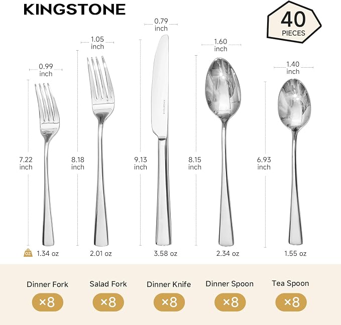 Silverware Set for 8, 40-Piece Forged 18/10 Stainless Steel Flatware Set, Mirror Finish Cutlery Set Dishwasher Safe for Home, Restaurant, Wedding, Party | KINGSTONE Forged Cutlery Set, Mirror Polished Knives Fork and Spoon Utensils, Dishwaher Safe for ...
