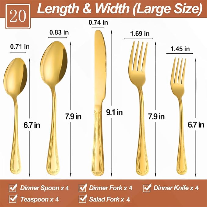 20 Pcs Gold Silverware Set for 4, Food Grade Stainless Steel Flatware Set, Eating Utensils Sets Include Fork/Knife/Spoon, Reusable Cutlery Set for Home Kitchen, Dishwasher Safe, Pearl-edged