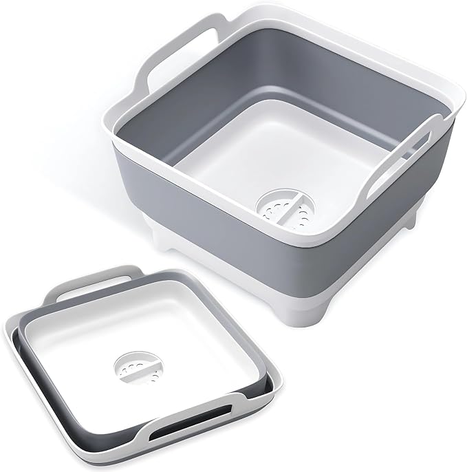 Collapsible Wash Basin with Drain Plug - 2.4 Gallon Foldable Wash Basin for Baby Bottles, Space-Saving Dish Pans for Washing Dishes in Sink, Collapsible Laundry Tub, Portable RV Camping Bin