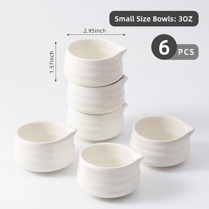Ceramic Small Sauce Bowls with Spout, White, 3OZ, Set of 6 | Mini Prep Bowls, Small Condiment Dish/Pinch Set for Sushi/Ketchup/BBQ, Dishwasher & Oven Safe, Easy to Clean